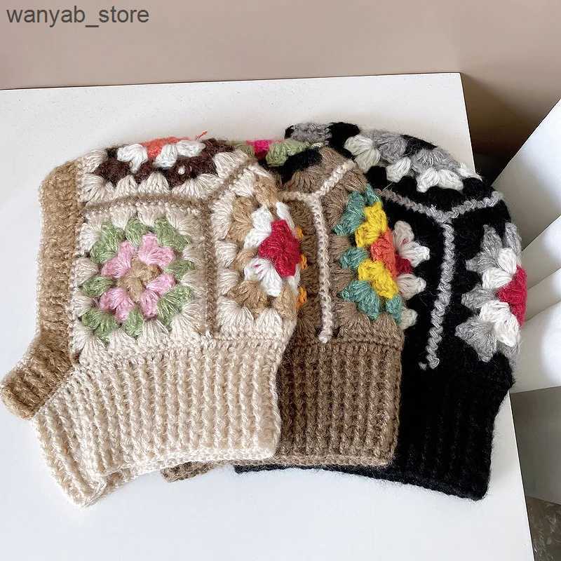 Wide Brim Hats Bucket Hats 2023 Korean Handmade Crochet Balaclava Hats for Women Autumn and Winter Wool Knitted Pullover Beanies Cap Neck Hooded Caps 