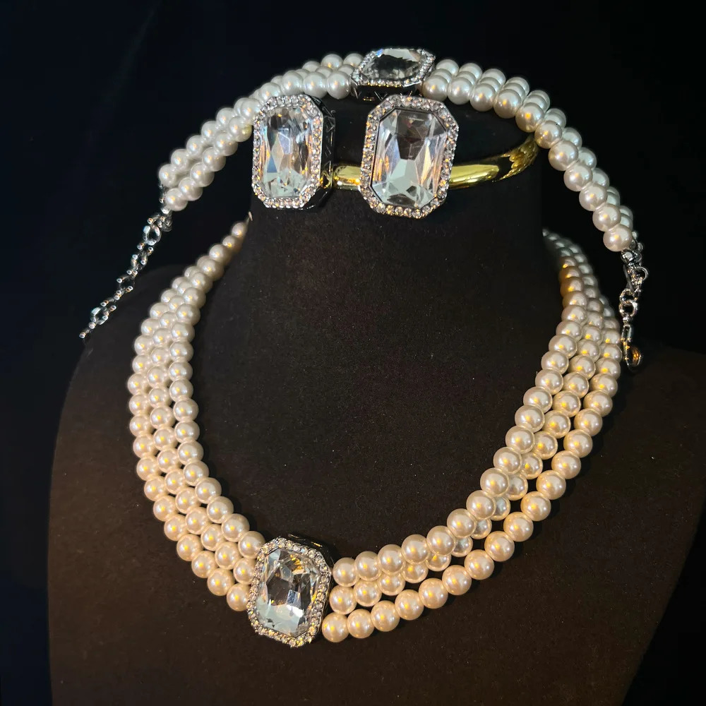 Medieval jewelry set with three layers of diamonds Swaro pearls European and American cross-border collage chain high-end bracelet 241031