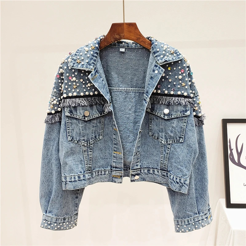 Autumn Fashion Heavy Work Beading Wash Denim Jacket Women Loose Short Denim Coats Studded Black Blue Jeans Jacket Streetwear 241031