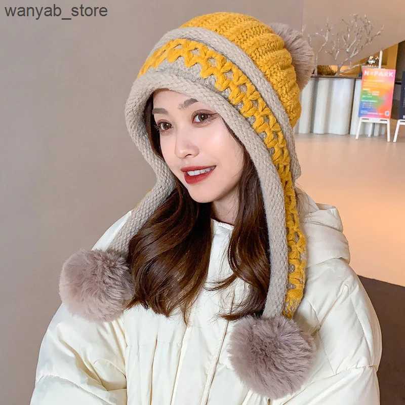 Wide Brim Hats Bucket Hats Women Winter Peruvian Cover Ears Beanie Hat Ear Flaps Sherpa Ski Snow Hats Knit Fce Lined 3 Pom L240910