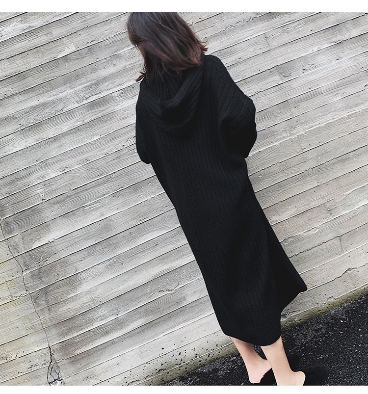 Long Over Knee Hooded Knitted Sweater Women Autumn Winter New Style Loose And Lazy Wind Driven Fur Dress Fashionable Base Dress For Women F1101#45