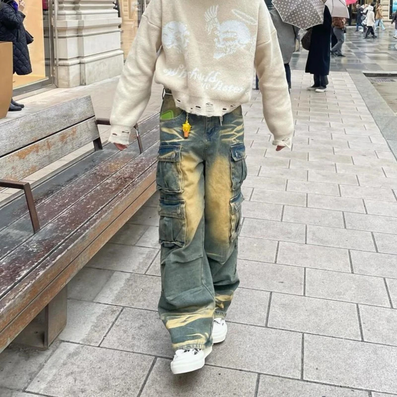 Y2k Hip Hop Retro Streetwear Mens Jeans Distressed Faded Washed Oversized Pockets Loose Cargo Pants High Street Wide Leg Pants 241031