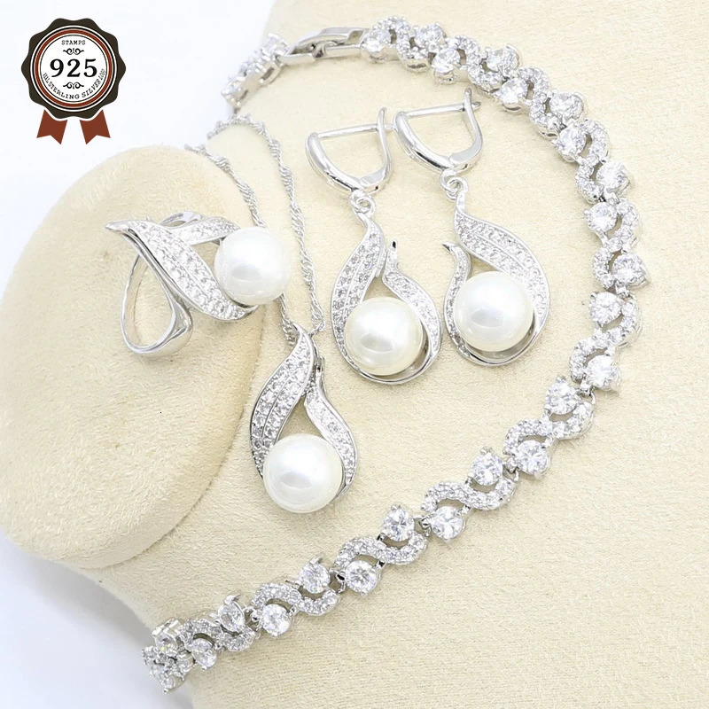 White freshwater pearl silver 925 jewelry set womens zircon bracelet earrings necklace rings birthday gift 241031