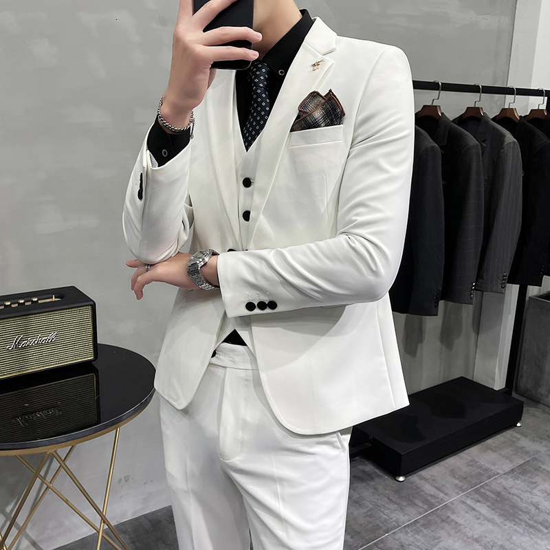 (Jacket Vest + Pants) High-End Brand Boutique Fashion Solid Color Office Mens Casual Business Suit Groom Wedding Gown