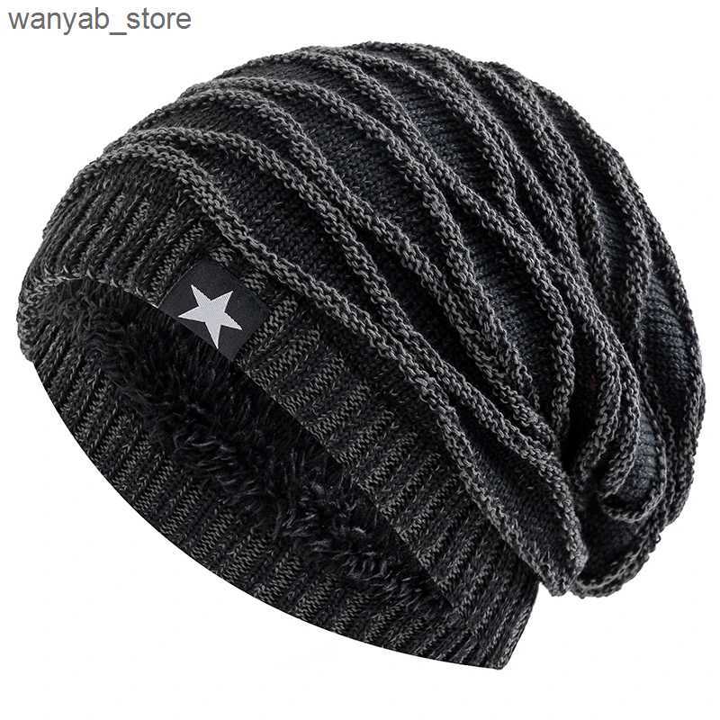 Wide Brim Hats Bucket Hats New Unisex Slouchy Winter Hats Add Fur Lined Men And Women Warm Beanie Cap Casual Five-pointed Star Decor Winter Knitted Ha