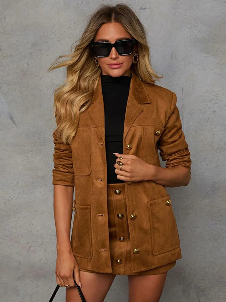 Elegant brown suede for women fashionable lapel long sleeved jacket with pockets mini ski suit autumn womens high street wear 241031