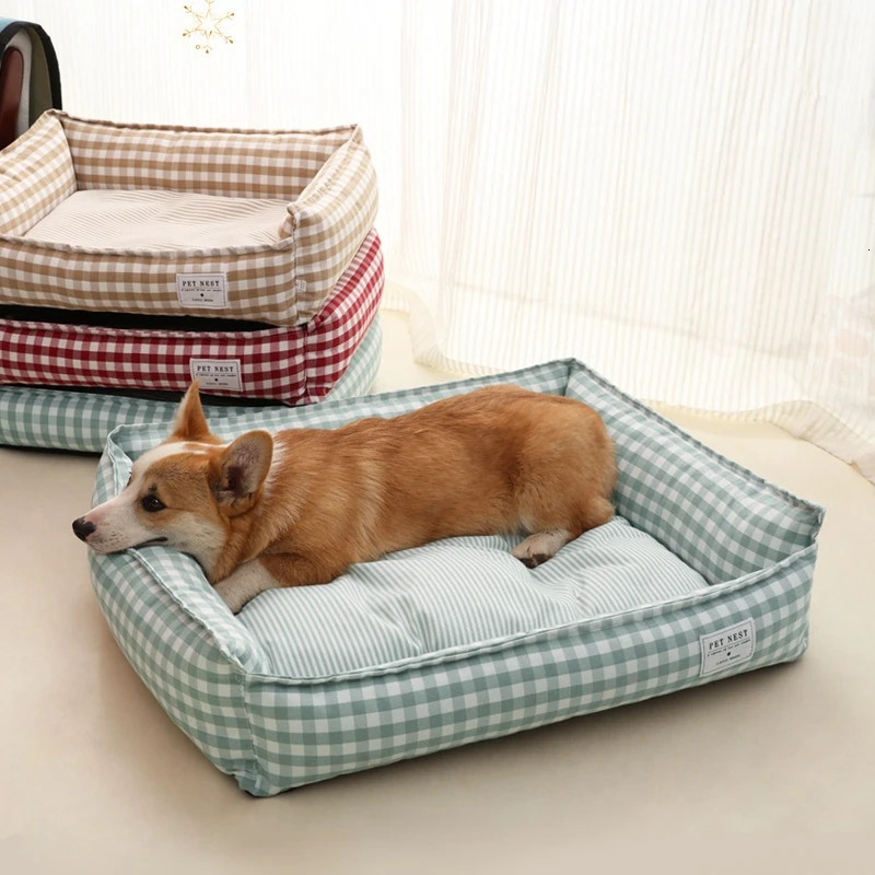 Bed for Dog Cat Pet Square Lattice Kennel Medium Small Sofa Cushion Calming House Supplies Accessories 240328