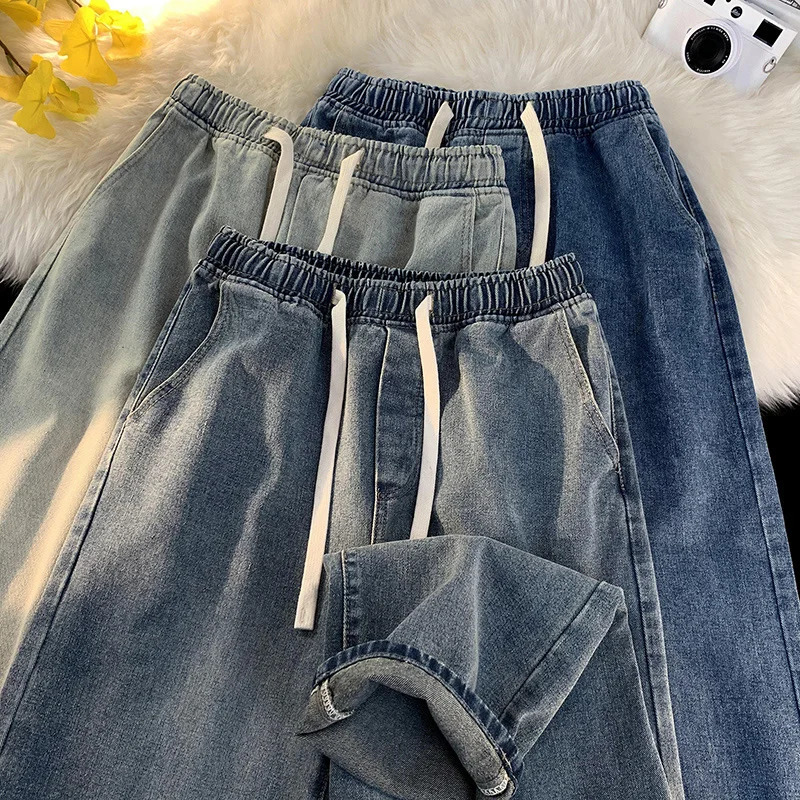 Autumn Jeans Mens Baggy Straight Drawstring Elastic Waist Personality Fashion Vintage Denim Trousers Streetwear 3XL 241024