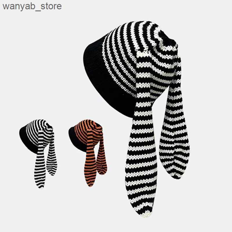 Wide Brim Hats Bucket Hats 24 new color blocked knitted long rabbit ear hat for womens autumn and winter cute big head circumference contrasting yarn 