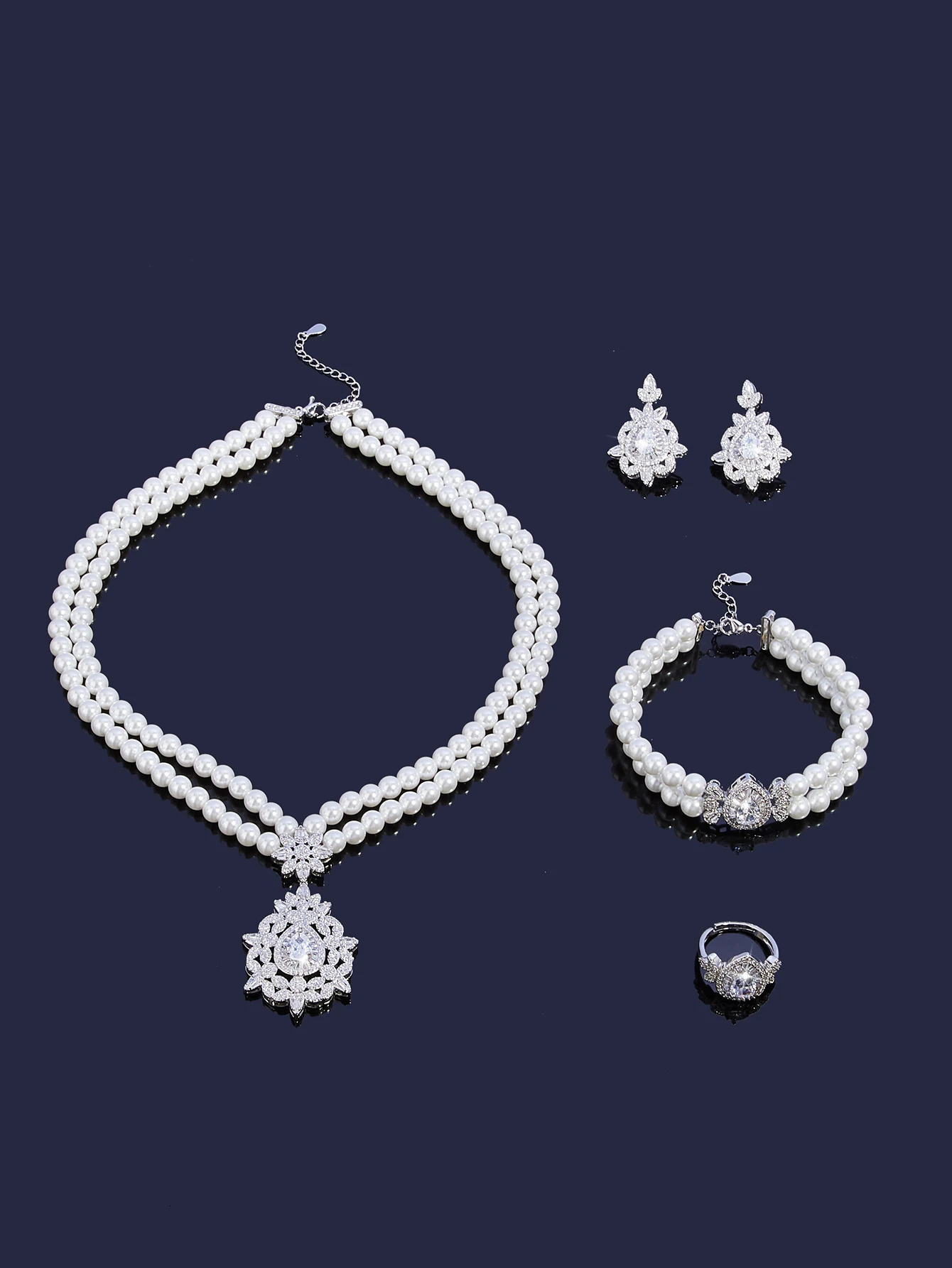 Gorgeous double-layer pearl necklace suitable for womens cubic zirconia 4-piece jewelry set accessories for womens wedding brides necklaces 241031