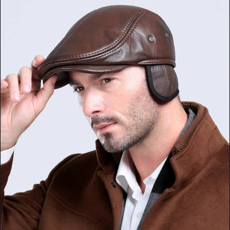 Fashion British Beret Men Genuine Leather Flat Cap Brown Male Earflaps Vintage Ivy Hats Autumn Directors Caps Gatsby 241031