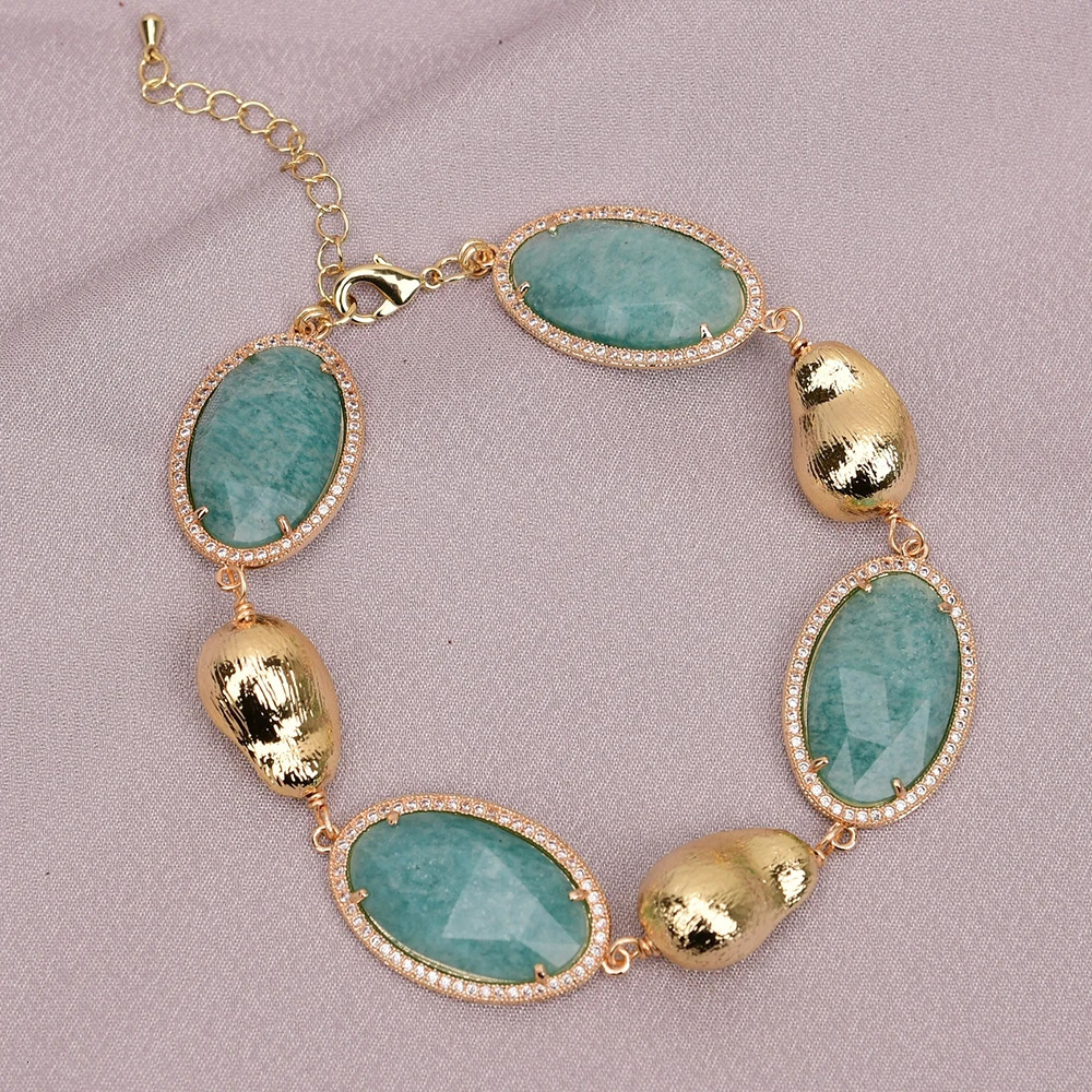 G-G ANatural Green Stone Cube Zircon CZ Paved Gold Brushed Bead Necklace Bracelet Earring Set Womens Gift 241031