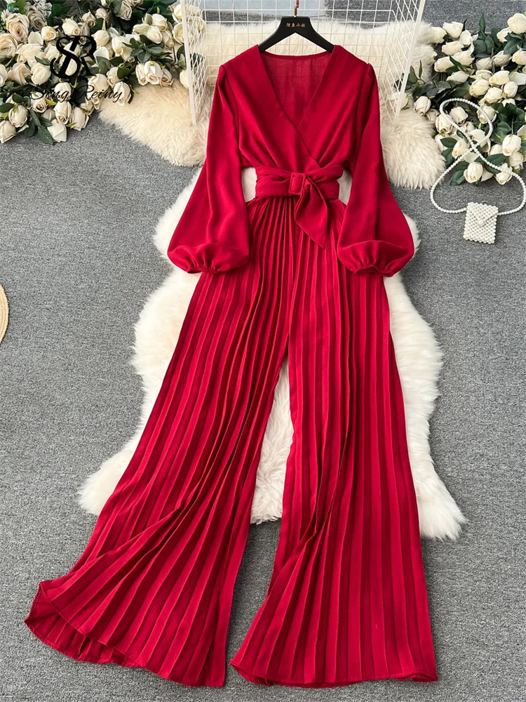 SINGREINY V Neck Jumpsuits for Women Long Puff Sleeve Belt Loose Wide Legs Pleated Pants Streetwear Fashion OL Bodysuits 241031