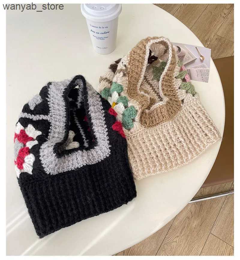 Wide Brim Hats Bucket Hats Handmade Crochet Balaclava Hats for Women Autumn and Winter Wool Knitted Pullover Beanies Cap Neck Warmer Female Hooded Cap