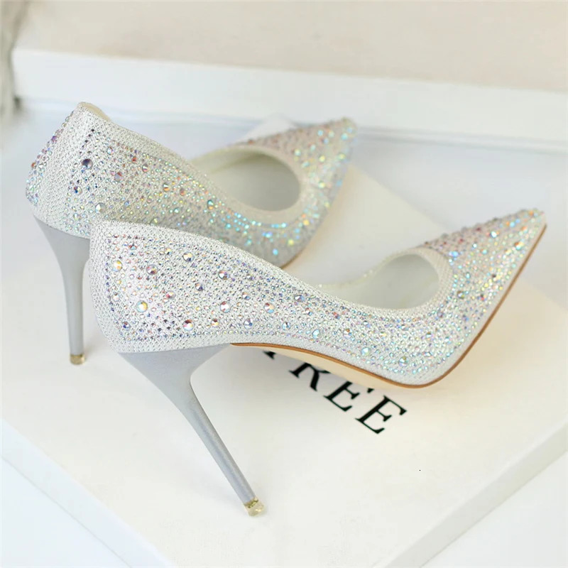 Women Glitter Rhinestone Thin High Heels Pumps Bride White Silver Heels Crystal Wedding Shoes Plus Size 241031