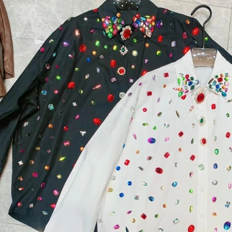 Female Rainbow Color Diamonds Shirts Rhinestones Beaded White Blouse Spring Fall Single Breasted Vintage OL Cardigan Tops Blusas 240321