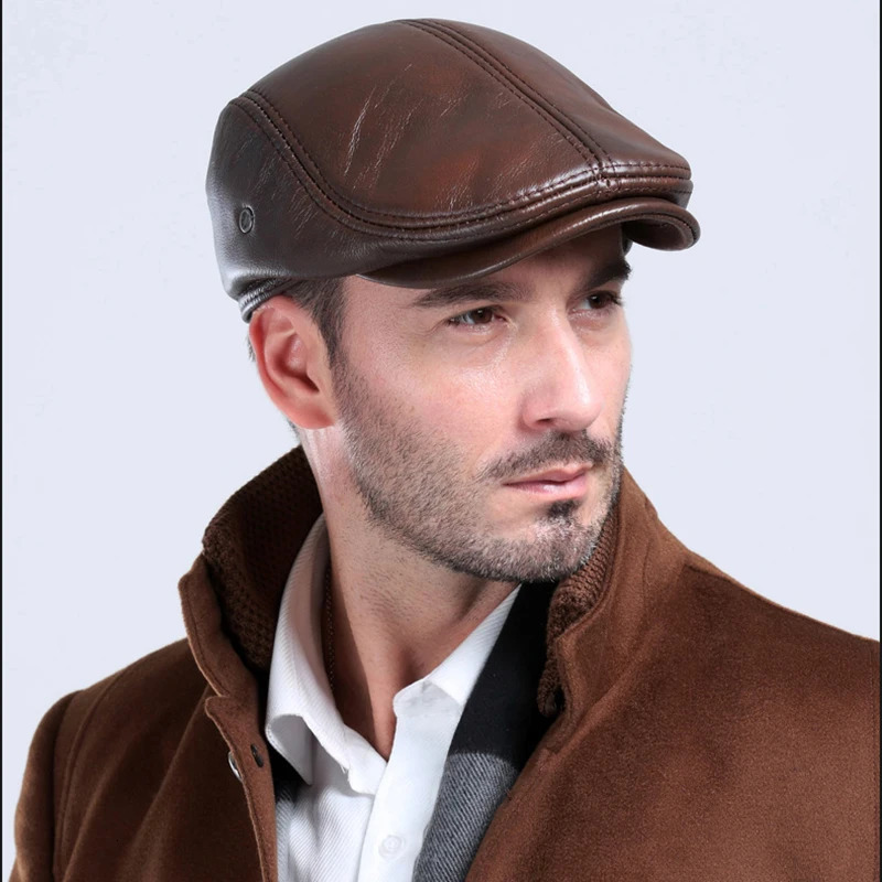 Fashion British Beret Men Genuine Leather Flat Cap Brown Male Earflaps Vintage Ivy Hats Autumn Directors Caps Gatsby 241031