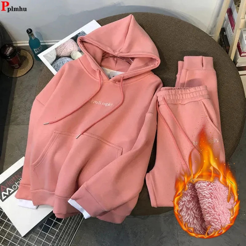 Winter Jogger 2 Pieces Sets Warm Hooded Sweatshirt Tracksuit High Waist Harem Pants Suits Plush Lined Thick Baggy Conjuntos 241031