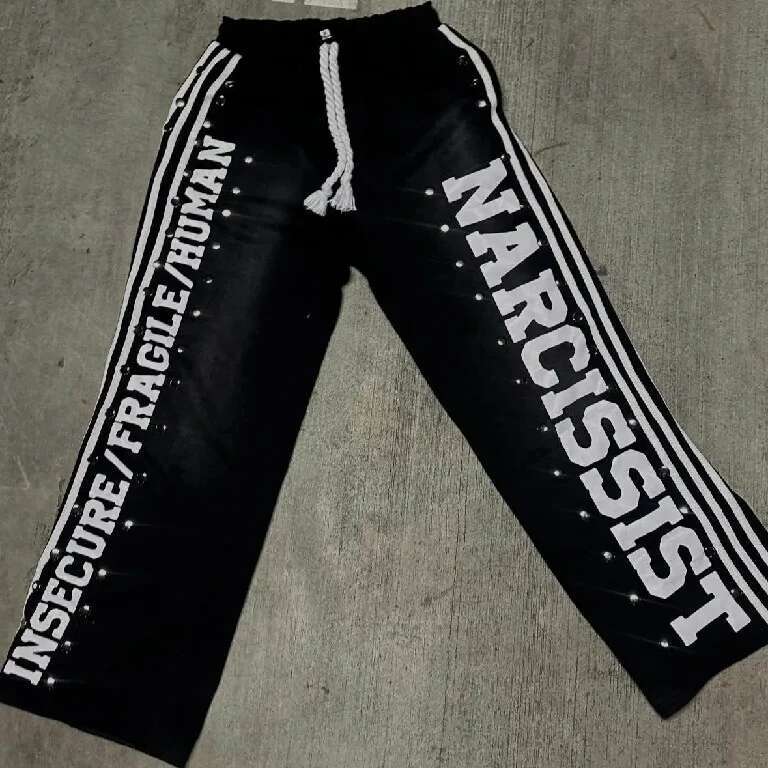 Retro Patch Sweatpants Y2k Pants Mens Hip Hop Letters Sequins Rhie Stripes Baggy Elastic Waist Jogging Casual Trousers
