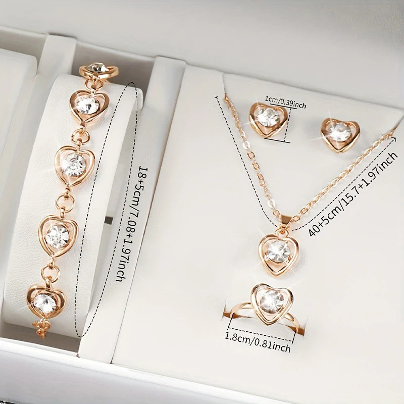5Pcs Heart shaped Jewelry Set Necklace Ring Earring Bracelet Female Bridal Wedding Accessories Anniversary Gift 241031