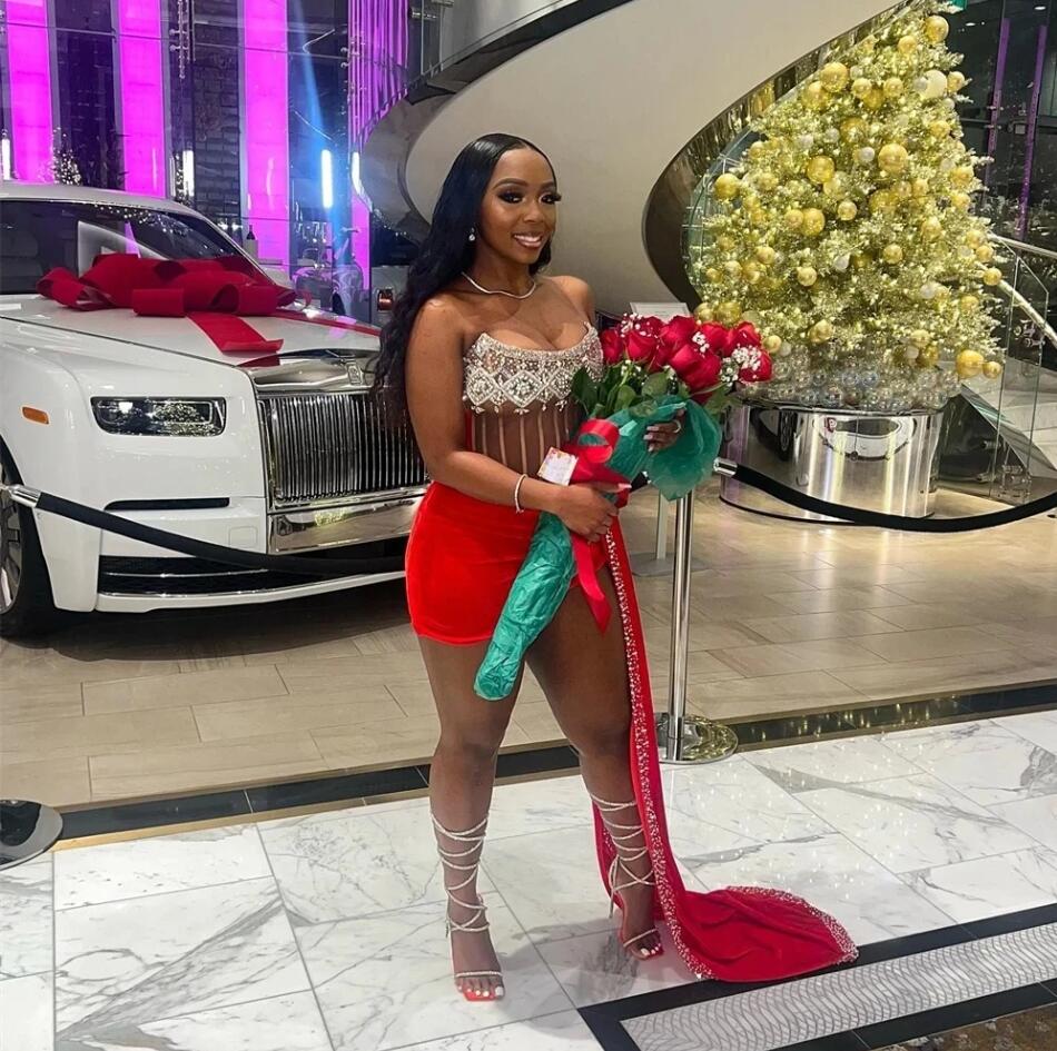Sexy Velvet Strapless Short Prom Dresses for Black Girls Crystal Beaded Birthday Party Dress Illusion Mini Cocktail Homecoming 0401