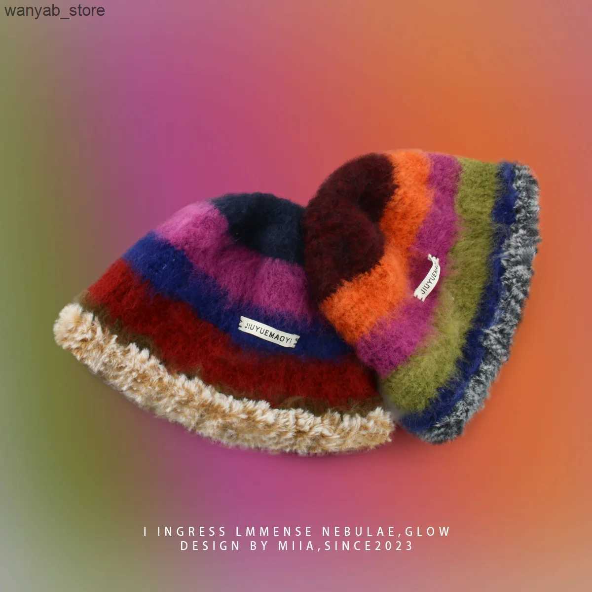 Wide Brim Hats Bucket Hats Japanese New Gradient Wool Vintage Color Stripe Beanies Women Handmade Crochet Beanie Thick Warm Knitted Hat Winter Bucket 