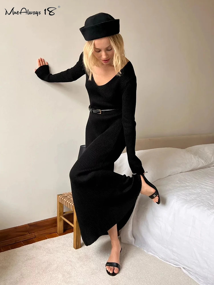 Mnealways18 V-Neck Elegant Women Ribbed Knitted Dress Autumn Winter 2024 Long Sleeves Ankle-Length Office Ladies Dress Bodycon 241031
