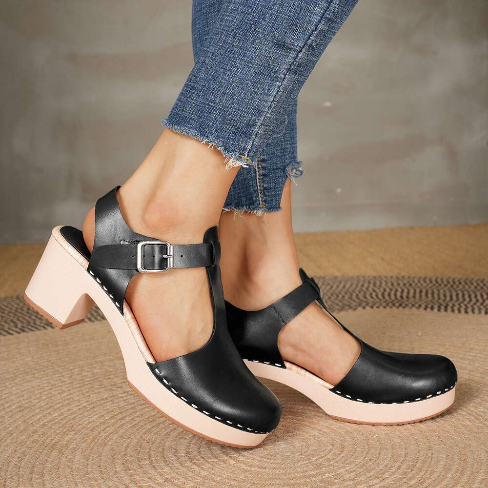 European and American fashion women's shoes, thick heels, high heels, leather surface, T-shaped Roman holiday style, baotou sandals for women ddm