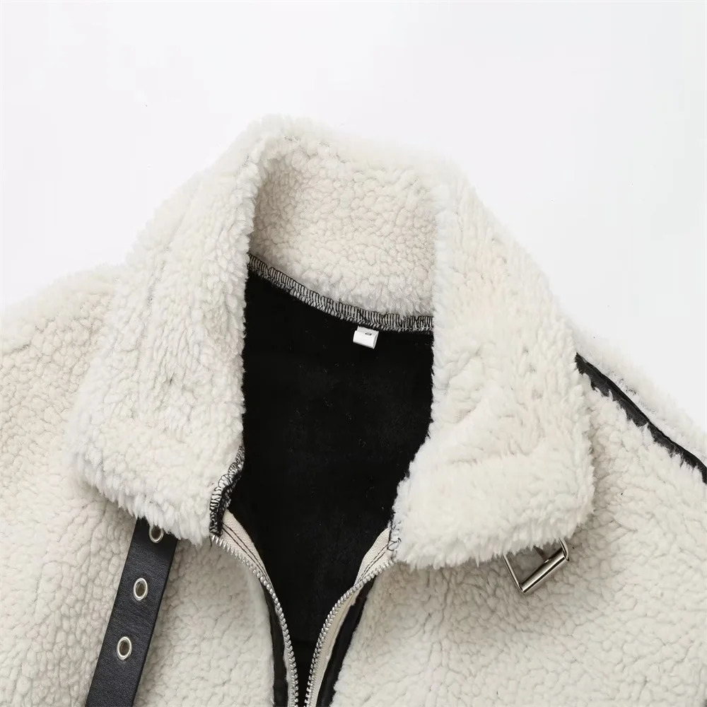 PB ZA 2023 Autumn Womens Wear European and American Style Casual Fur One Piece Lamb Wool Contrast Color Plush Warm Jacket C 241024