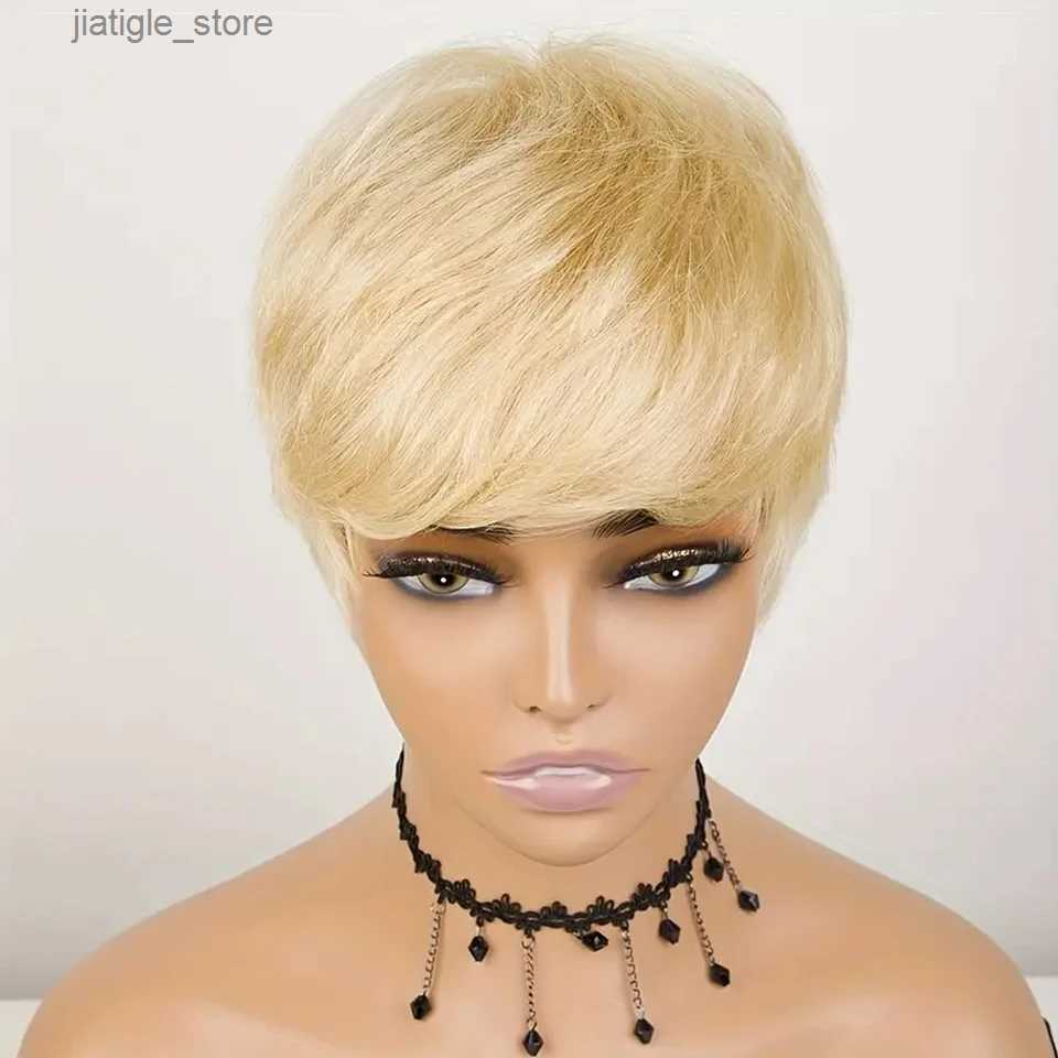 Synthetic Wigs Short Pixie Cut Remy Human Hair Wigs Ready To Wear Glueless Straight Natural Color Full Machine Made Bob Wig With Bnags Y240401