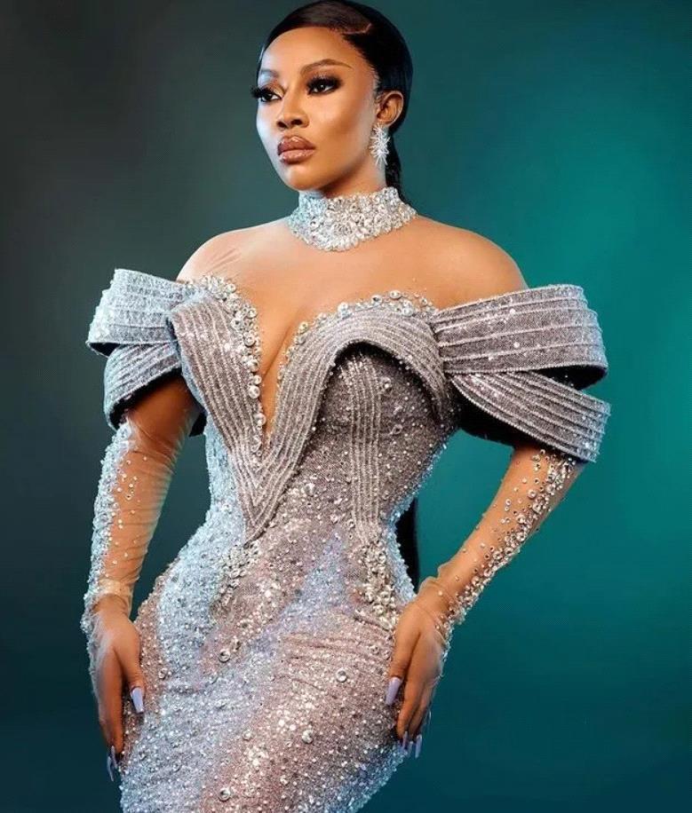 Sier Crystals Beaded Mermaid Evening Dresses African 2025 Aso Ebi High Neck Sheer Long Sleeves Ruffles Formal Party Dress Event Gala Gowns BC19057 021