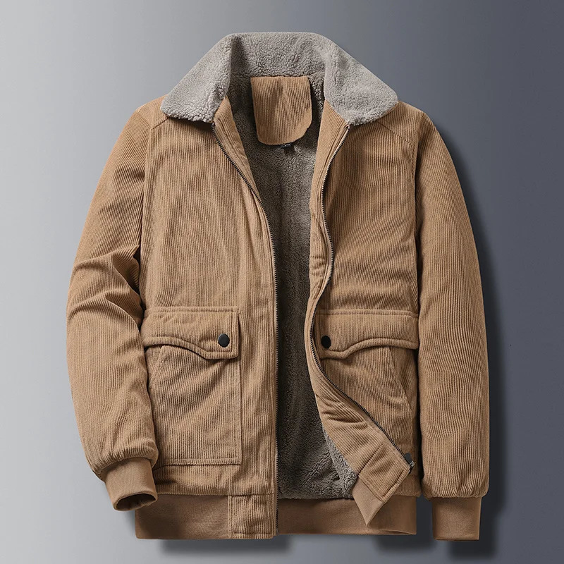 Autumn Winter Vintage Mens Corduroy Sherpa Lined Jacket Warm Thick Cargo Jacket Coats Fleece Windbreaker Parkas High Quality 241031