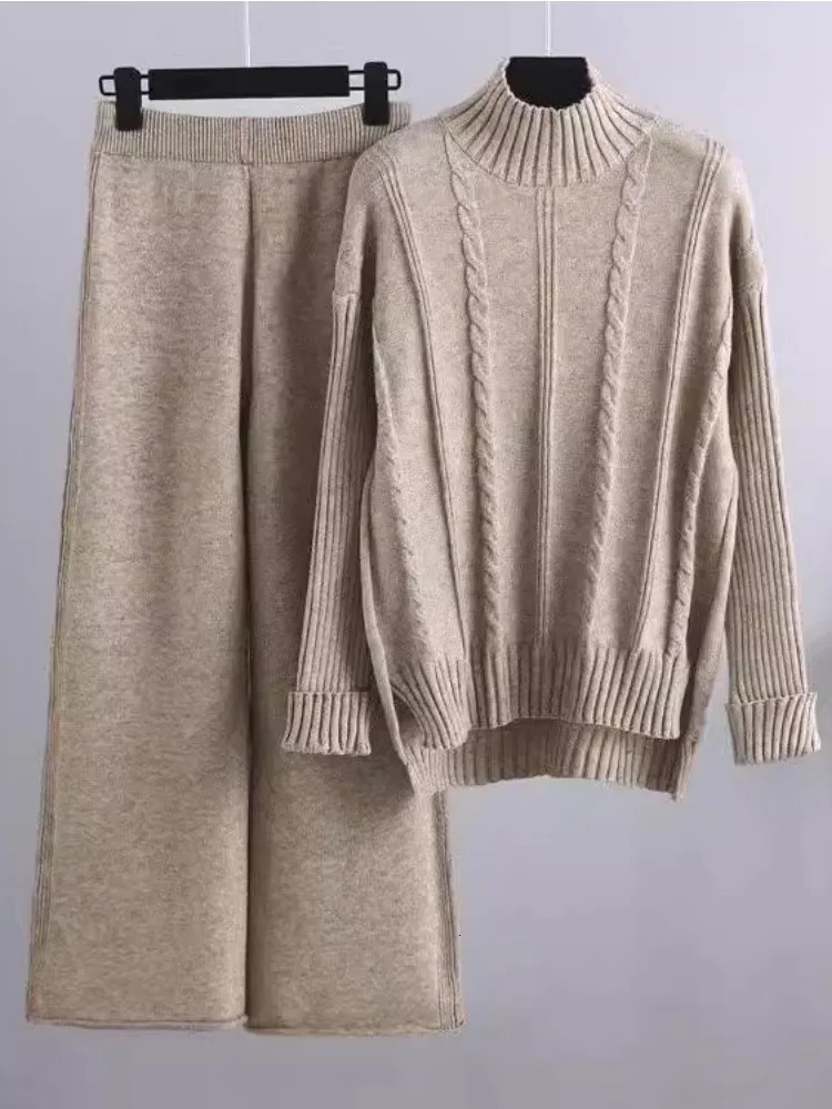 Women Loose Knitted Pants Set Half High Collar Sweater Wide Leg Coordinates Fashion Clothes Autumn Winter Two Piece 241031Z