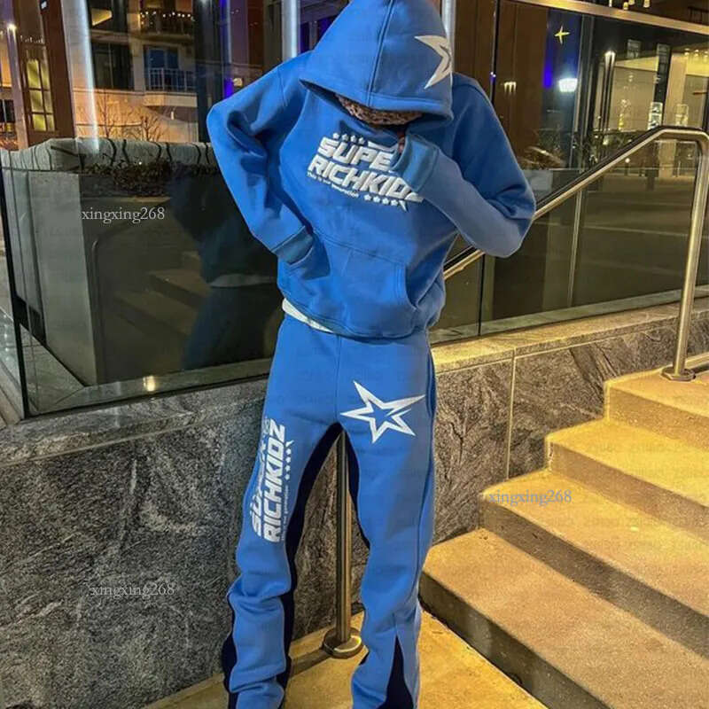 Trendy Men's Sportswear Star Letter Print High Street Hip Hop Men's Sports Casual Hoodie Flared Sweatpants Two Piece Set Streewear