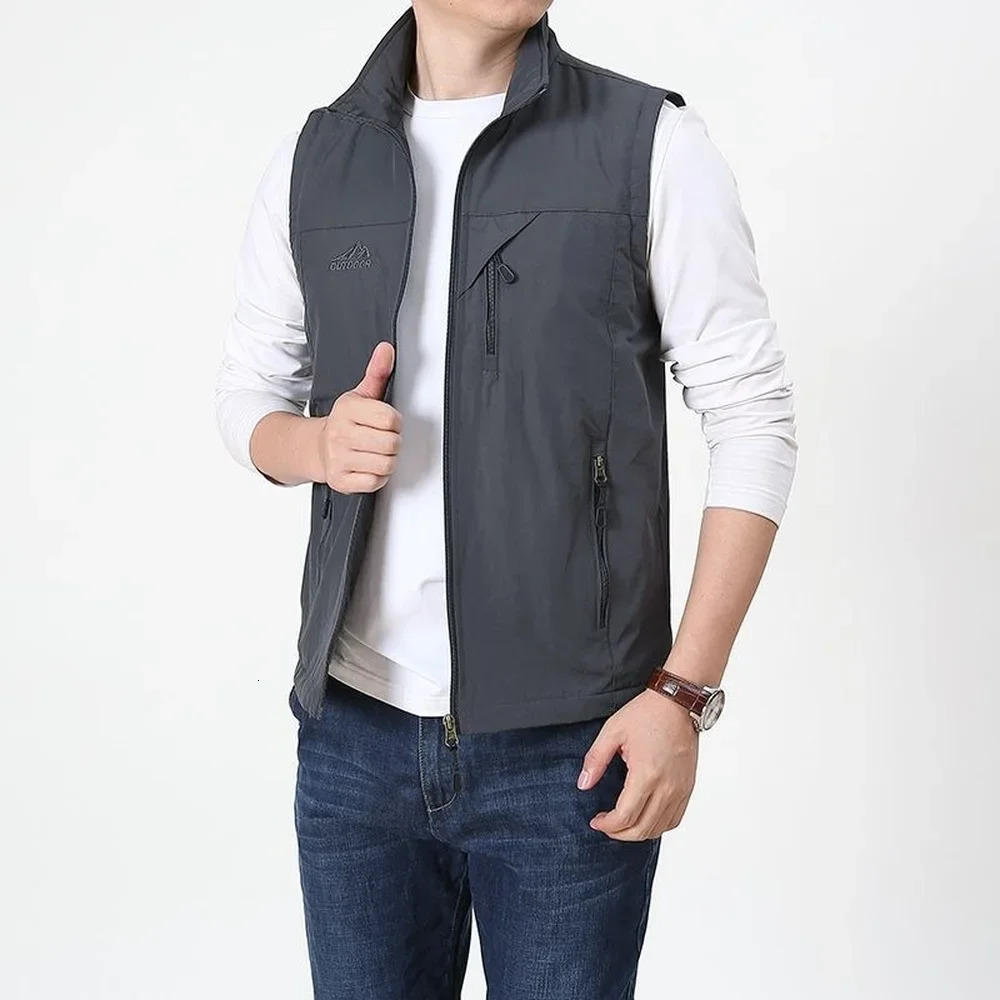 Summer Thin Vest Jacket Men Outdoor Casual Clothes Lightweight Short Sleeve Vests Stand Collar Male Trekking Coat Traveling 241031