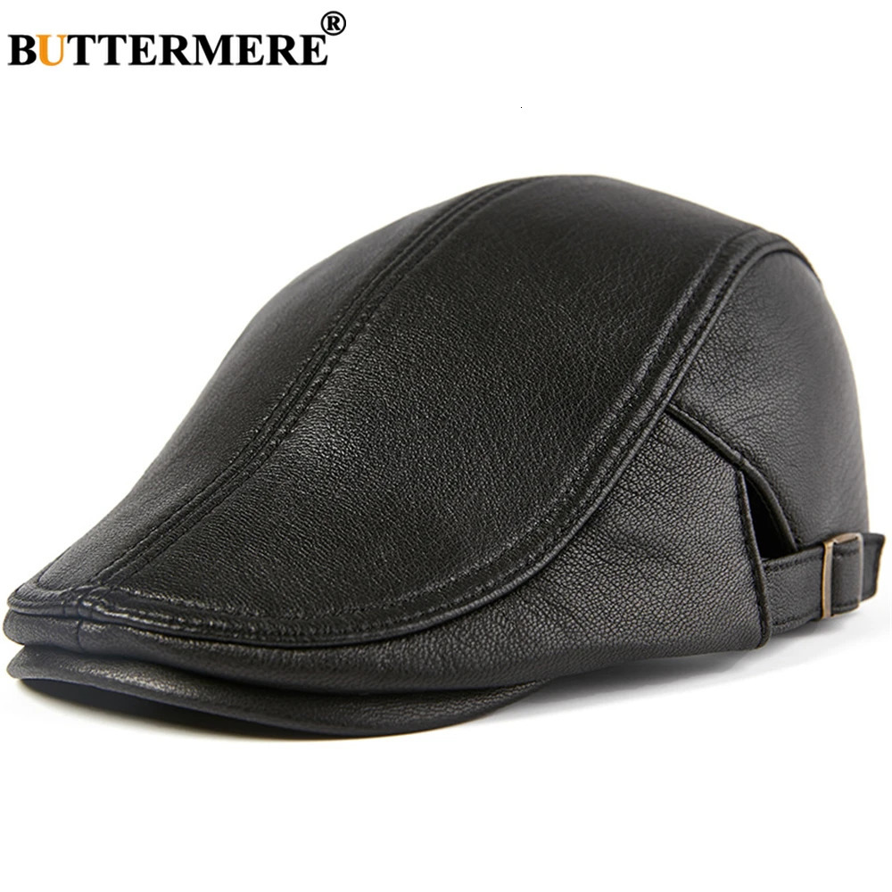 BUTTERMERE Men Beret Hat Real Leather Flat Cap Sheepskin Autumn Winter Male Brown Adjustable High Quality Mens Caps 241031