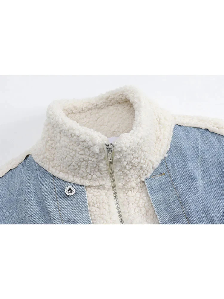 Womens Patchwork Fleece Denim Jacket Vintage Harajuku Long Sleeve Jean Jacket Outerwear Korean Y2k Denim Coat 2000s 90s Clothes 241031