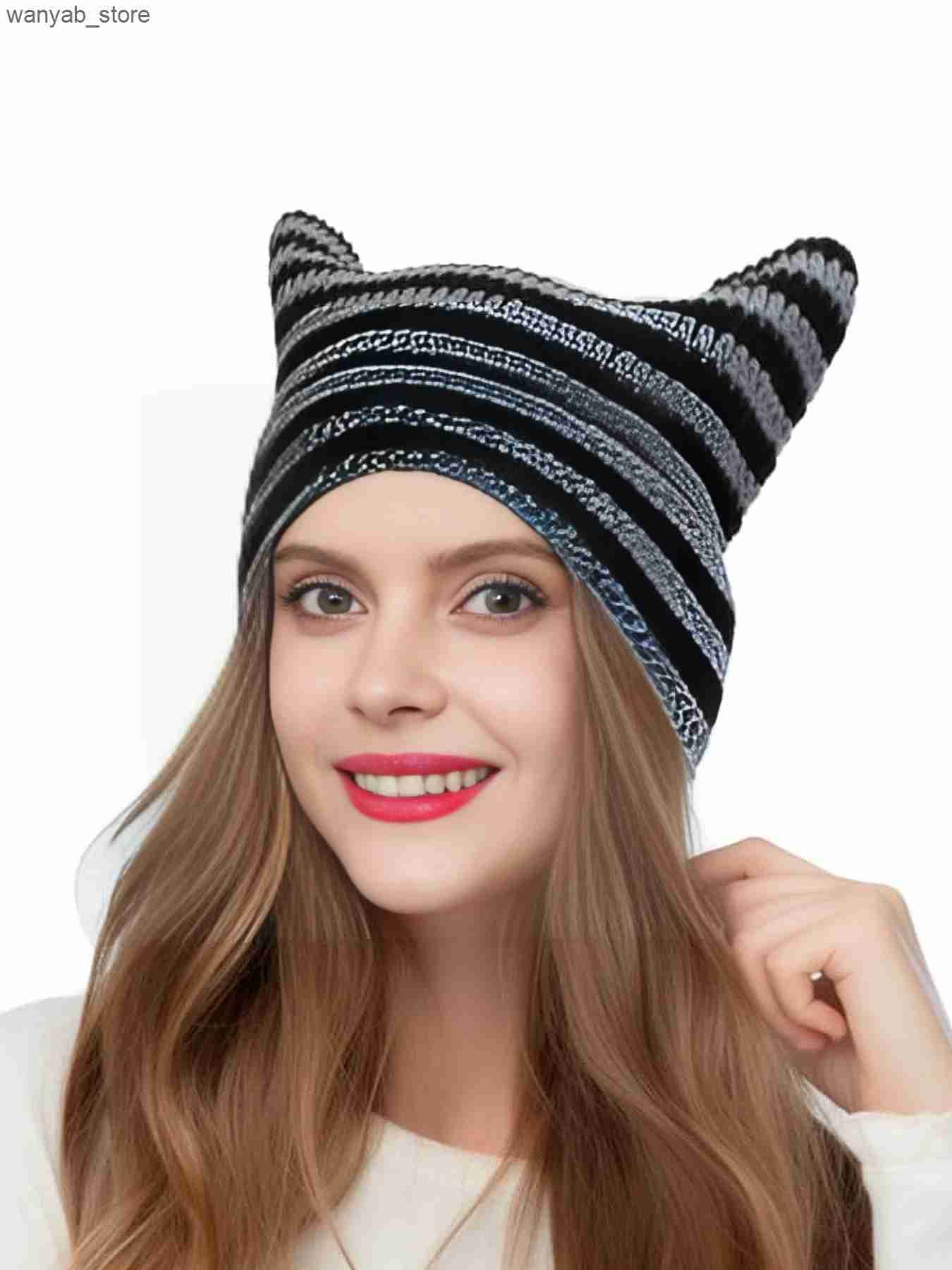 Wide Brim Hats Bucket Hats Cute Cat Ear Beanie Crochet Hats for Women Girl Knitted Y2K Striped Winter Warm Loose Fit Handmade HipHop Stylish Skullies 