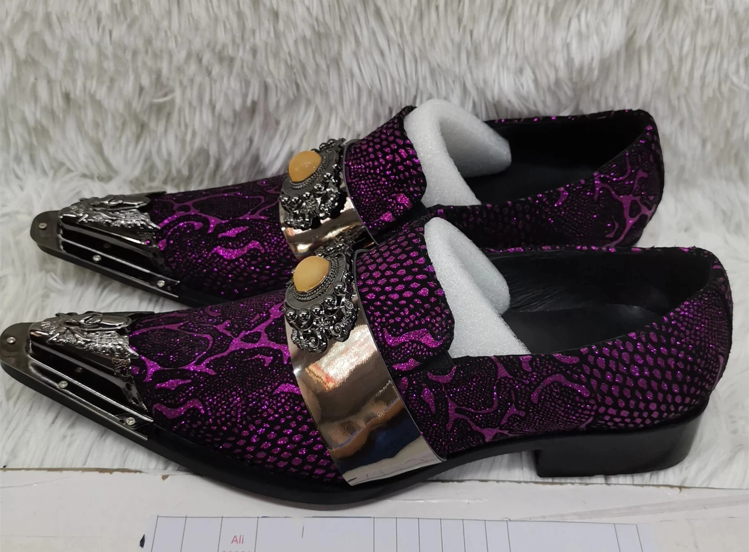Snake pattern genuine leather mens shoes metal dot toe sliding on business shoes purple party club banquet mens shoes 241031