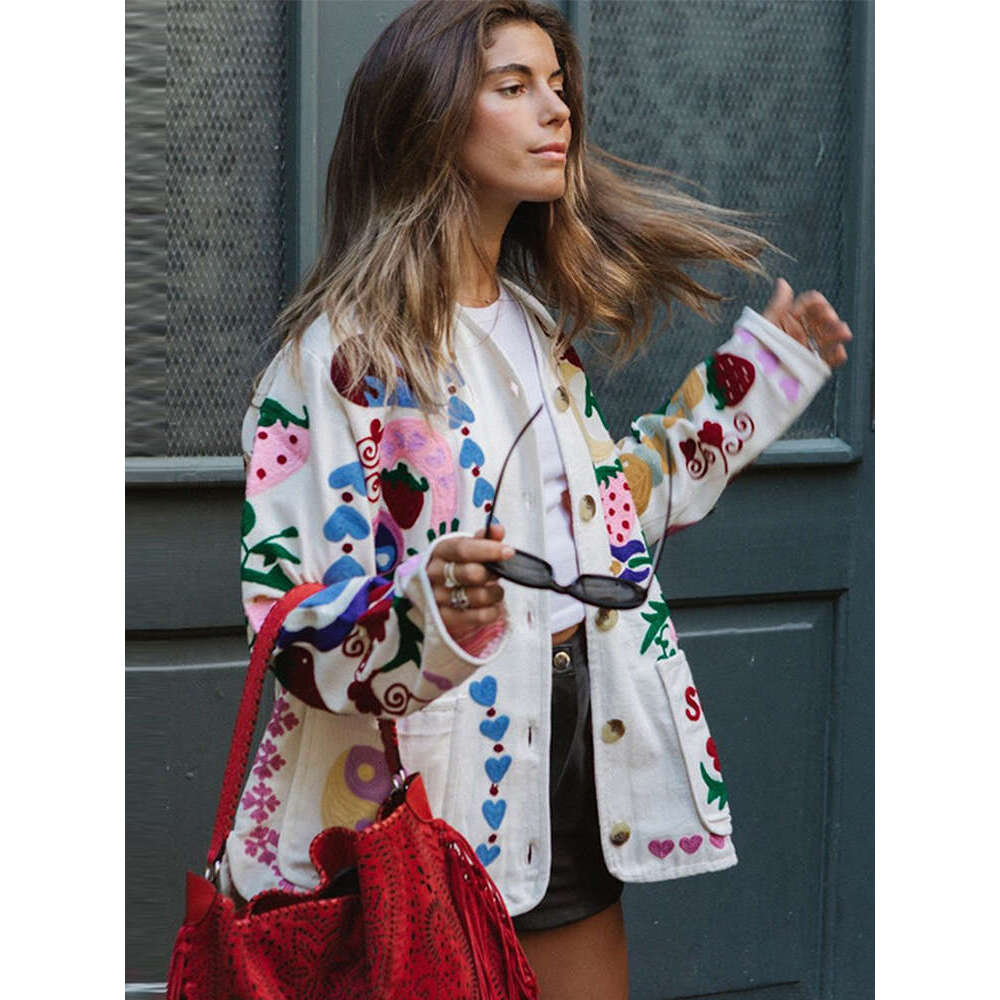 Printed Women's Jacket 2024 Autumn Long Sleeve Single Breasted Female Coats Street Fashion Loose O Neck Contrast Lady Outwears