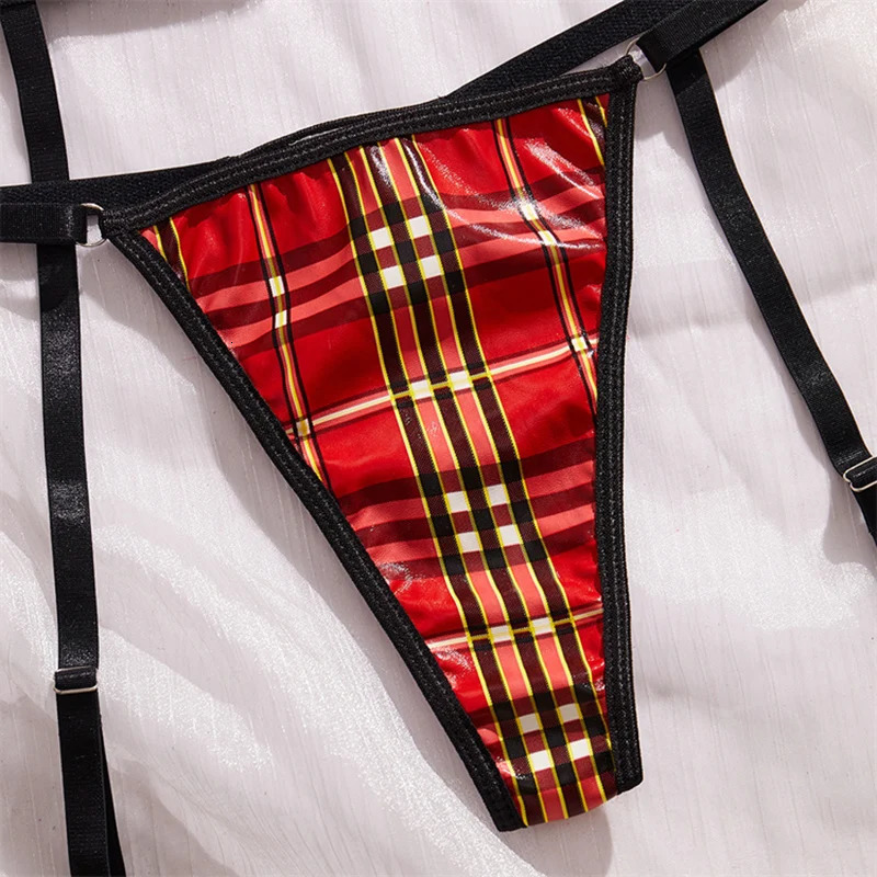 Sexy Christmas Lingerie Pu Leather Bra and Panty Set Red Plaid Sexy Push Up Lingerie 4 Pieces Erotic Sets Underwear Women Fancy 241031
