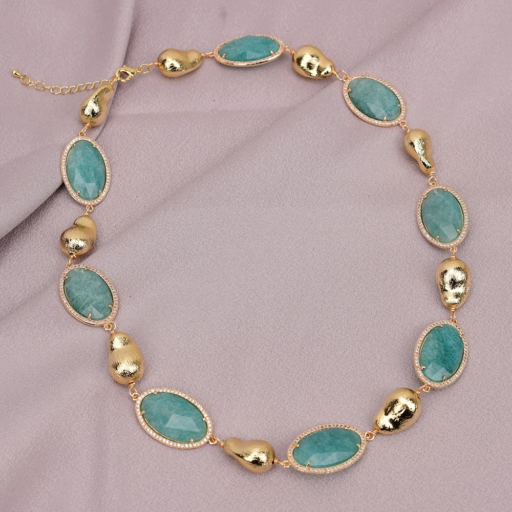 G-G ANatural Green Stone Cube Zircon CZ Paved Gold Brushed Bead Necklace Bracelet Earring Set Womens Gift 241031