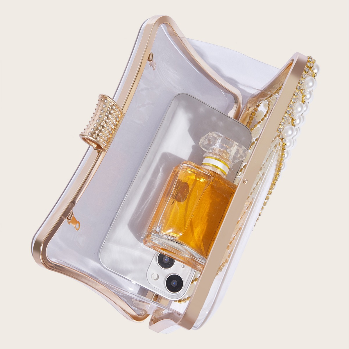 New transparent rhinestone decoration women's handheld small square bag pearl handbag new dining bag