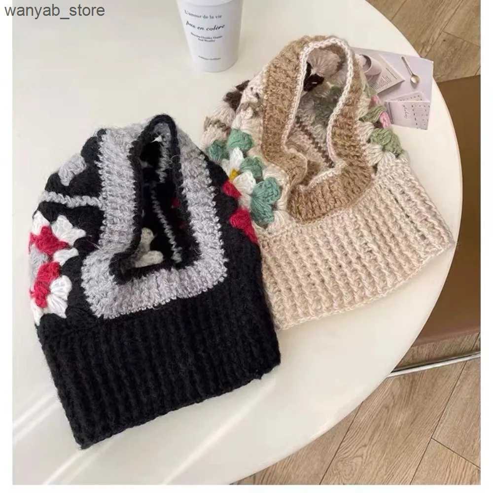 Wide Brim Hats Bucket Hats High Quality Knitting Handmade Crochet Hats Ear Protection Colorful Knitted Pullover Hat Knitted Hooded Caps L240910