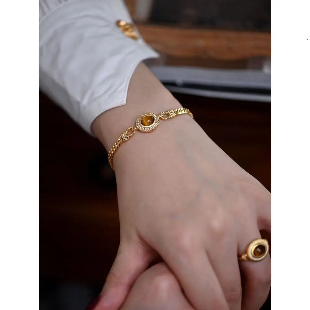Fashion jewelry set retro 18K gold-plated tiger cat eye natural stone earrings necklace ring bracelet 241031