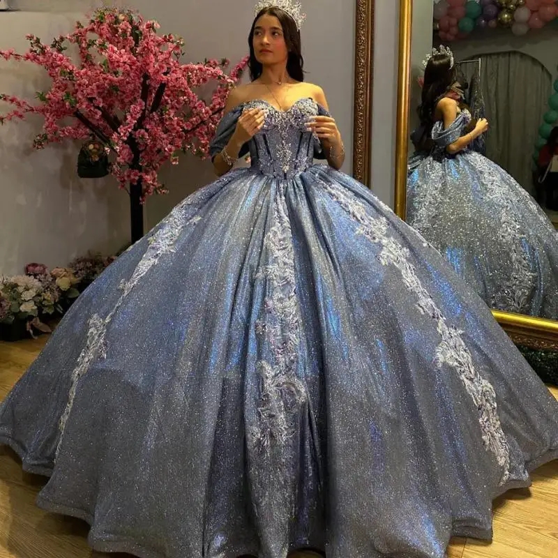 Blue Shiny Princess Quinceanera Dresses Ball Gown Off The Shoulder Sequin Applique Lace Beads Tull Corset Sweet 16 Vestidos 15 De XV Anos