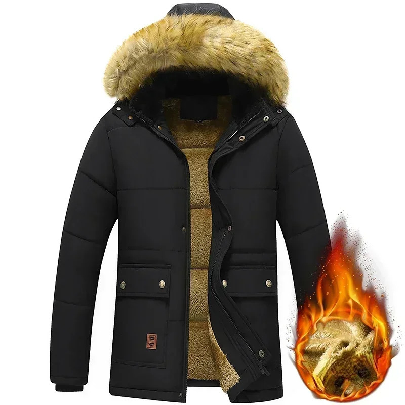 Men Winter Autumn Work Outwearing Parka Black Fleece Lined Thick Warm Hooded Fur Collar Coat Male Size 5XL Plush Jacket 241029