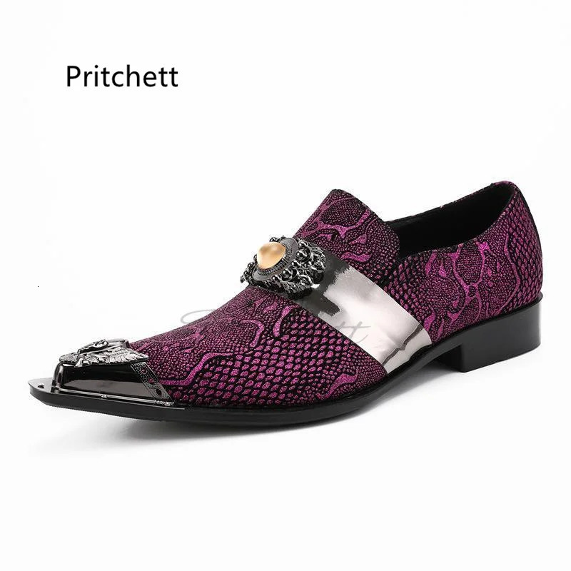 Snake pattern genuine leather mens shoes metal dot toe sliding on business shoes purple party club banquet mens shoes 241031