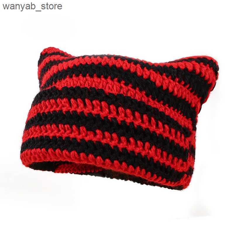 Wide Brim Hats Bucket Hats Womens Crochet Hats with Ears Ladies Knitted Beanie Striped Y2k Funny Cat Style Autumn Winter Green Beige Black Gray White 