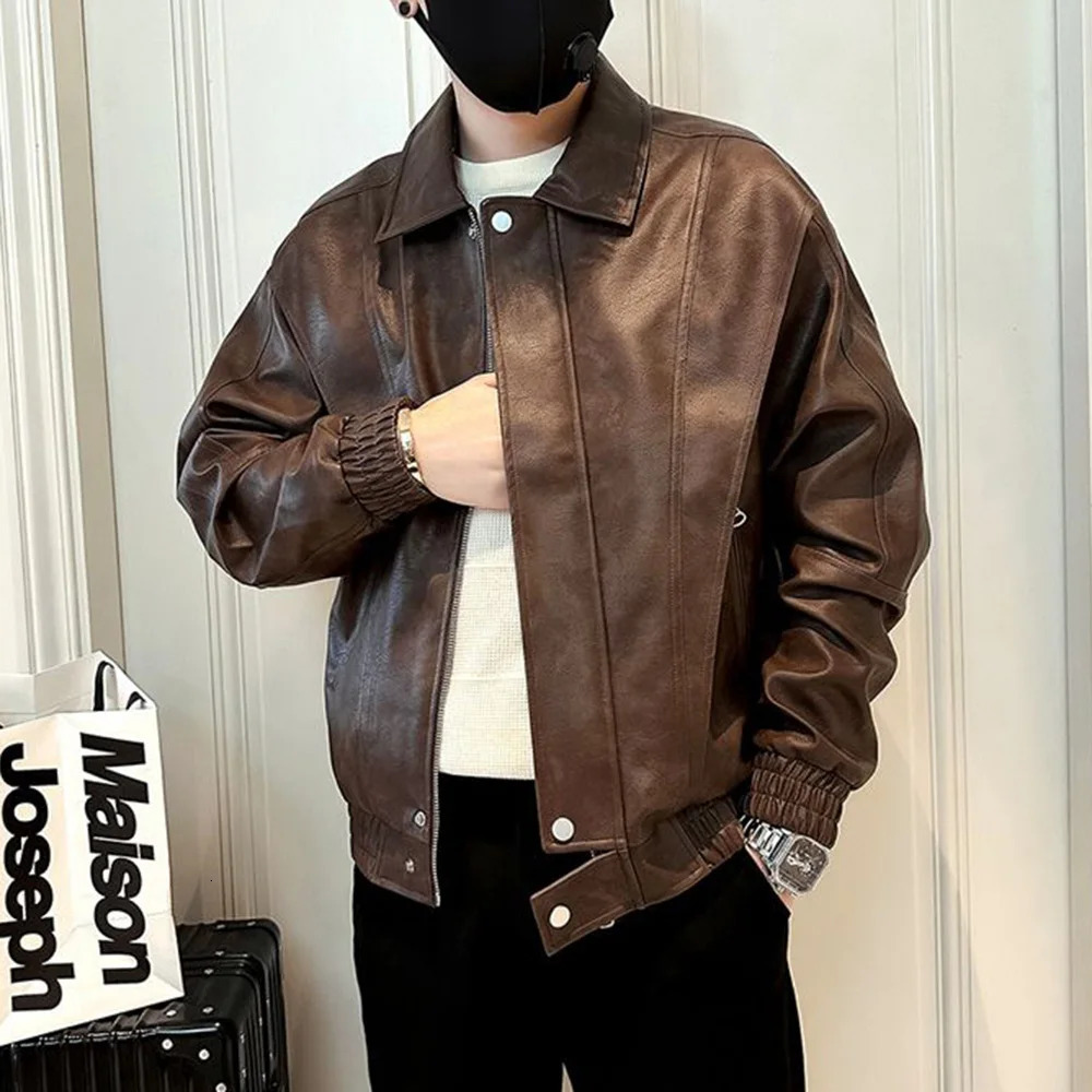 Mens leather jacket pocket zipper leather jacket autumn casual streetwear trend daily top mens unisex 241031